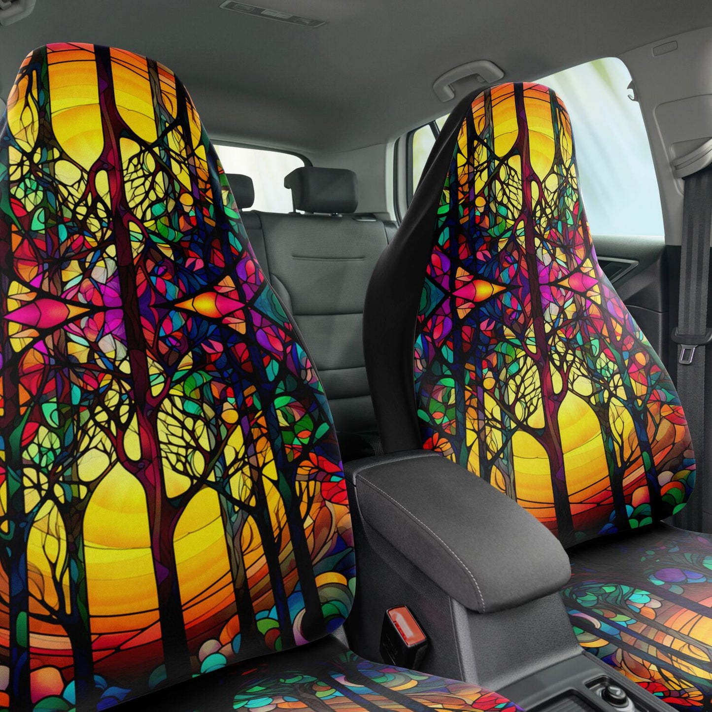 Yellow Tree Stained Glass Car Seat Covers - Front Seat Cover or Full Set Front and Back Seat Cover Universal Fit