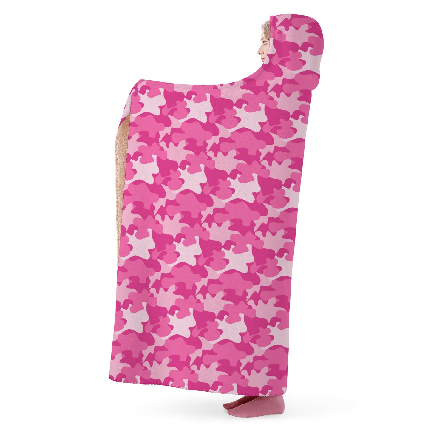 Pink Camo Hooded Blanket - Micro Fleece Lining Cosy Sherpa Blanket