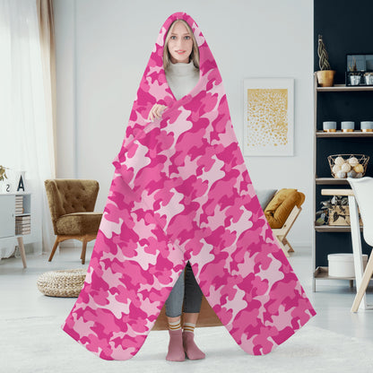 Pink Camo Hooded Blanket - Micro Fleece Lining Cosy Sherpa Blanket
