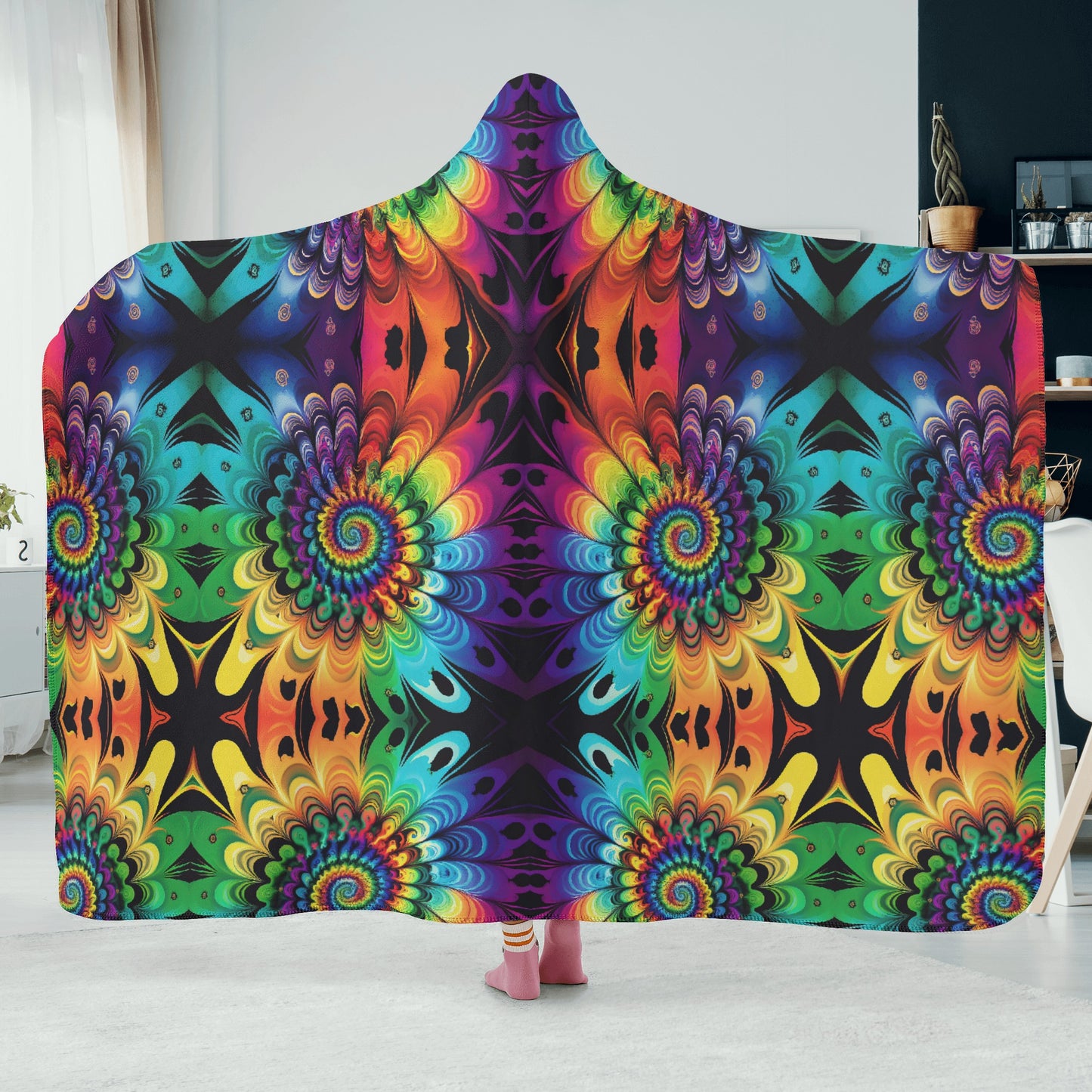 Rainbow Iron Cross Hooded Blanket - Micro Fleece Lining Cosy Sherpa Blanket