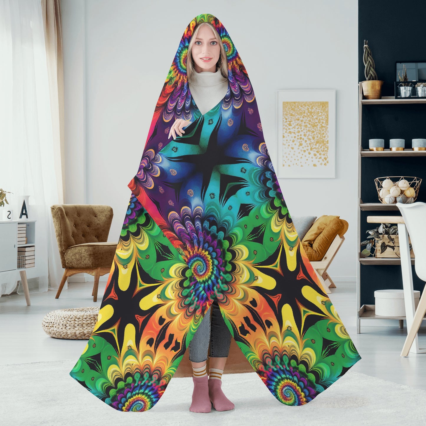 Rainbow Iron Cross Hooded Blanket - Micro Fleece Lining Cosy Sherpa Blanket