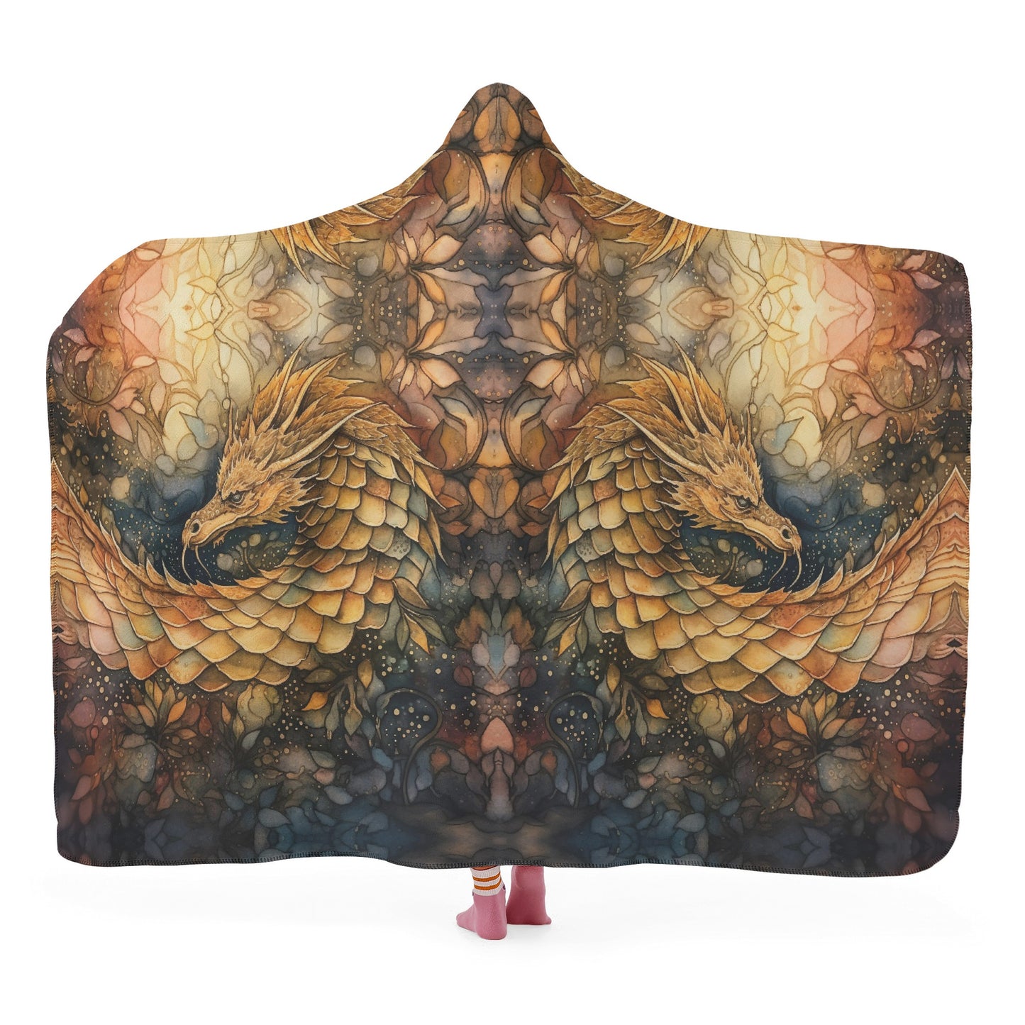 Golden Dragon Hooded Blanket - Micro Fleece Lining Cosy Sherpa Blanket