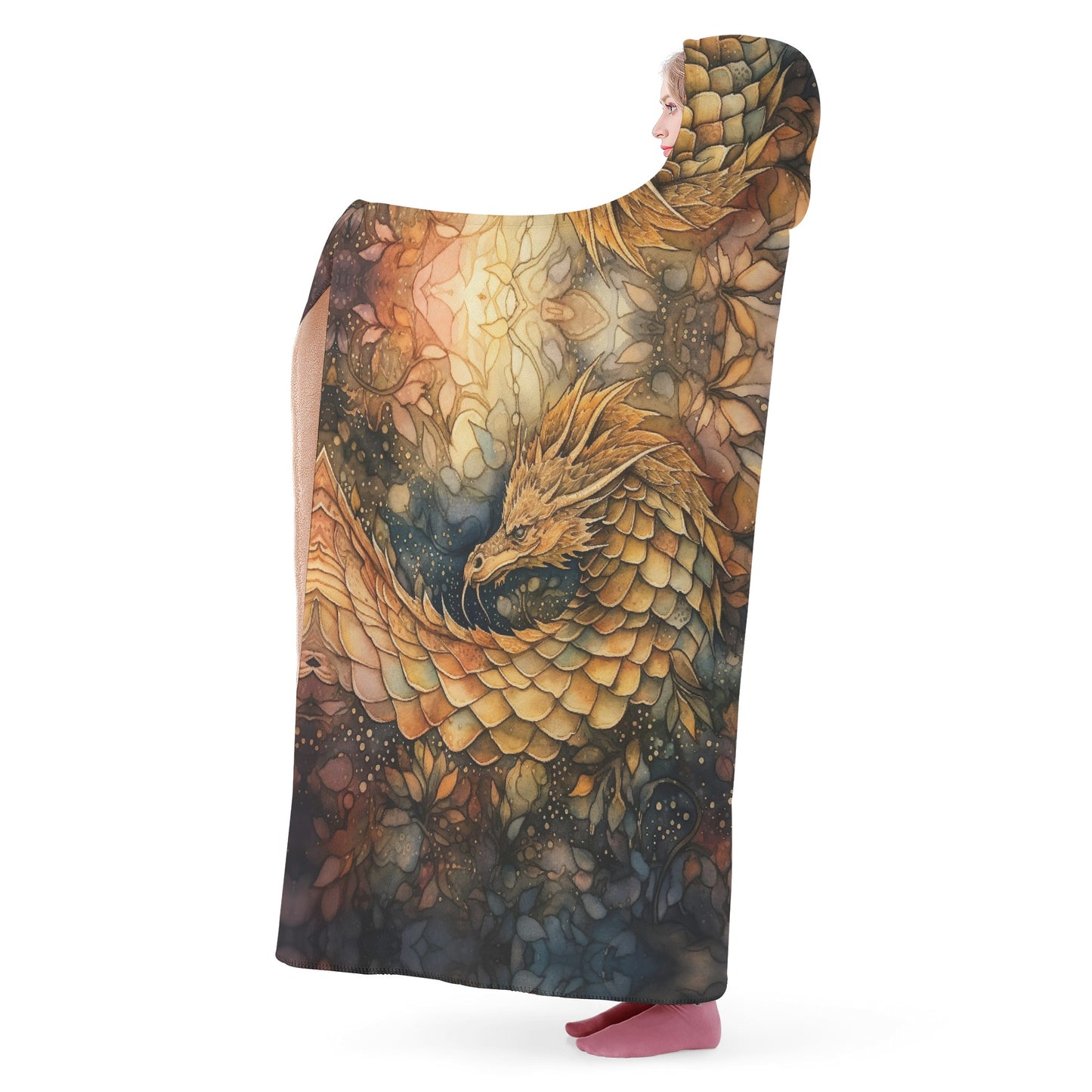 Golden Dragon Hooded Blanket - Micro Fleece Lining Cosy Sherpa Blanket