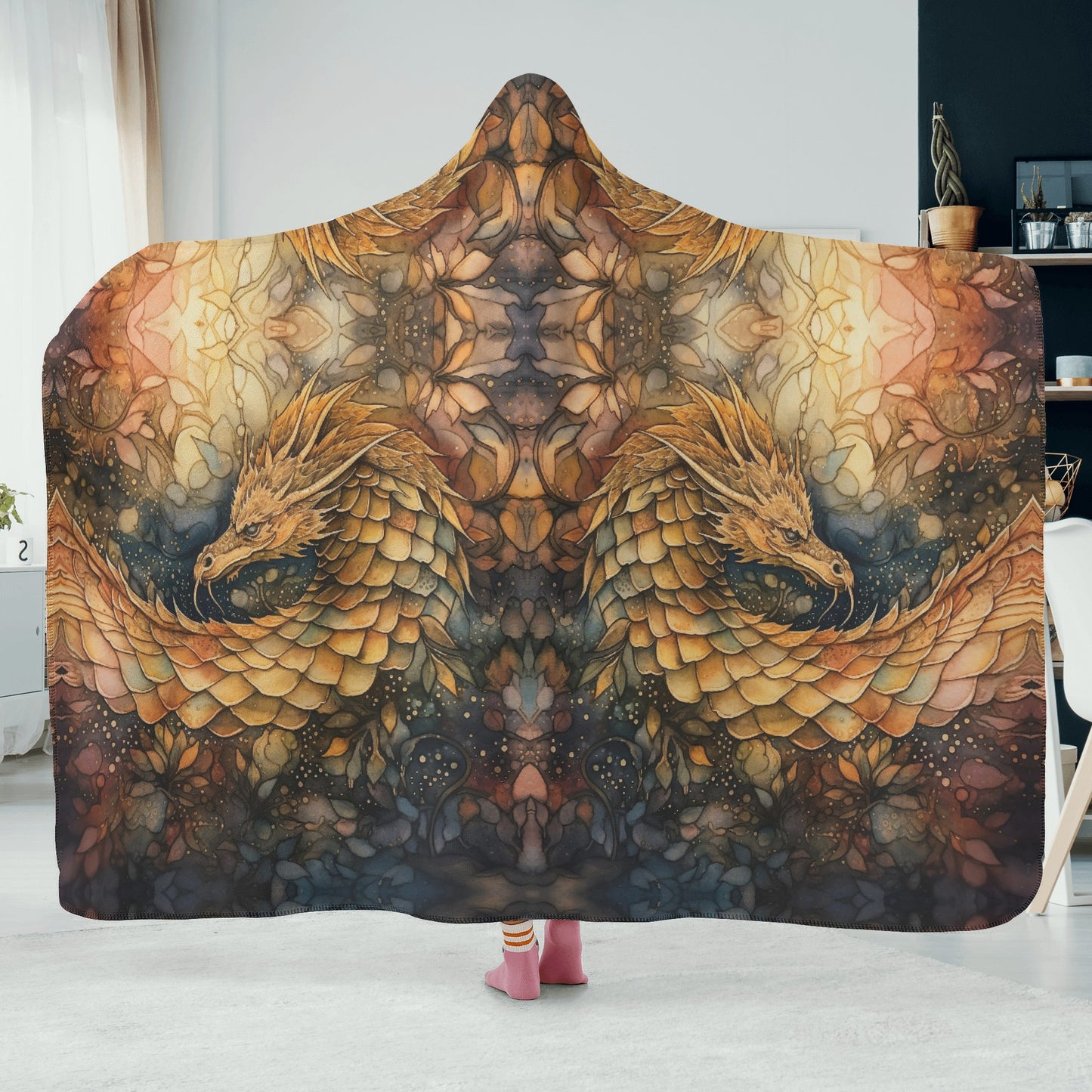 Golden Dragon Hooded Blanket - Micro Fleece Lining Cosy Sherpa Blanket