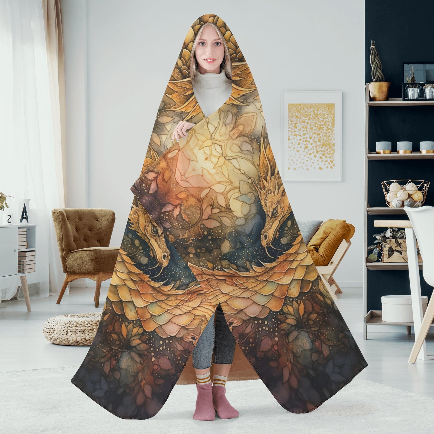 Golden Dragon Hooded Blanket - Micro Fleece Lining Cosy Sherpa Blanket