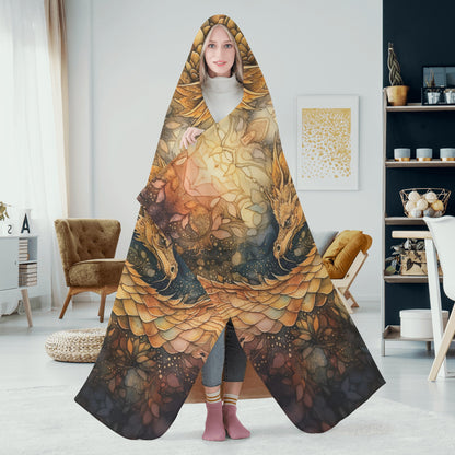 Golden Dragon Hooded Blanket - Micro Fleece Lining Cosy Sherpa Blanket