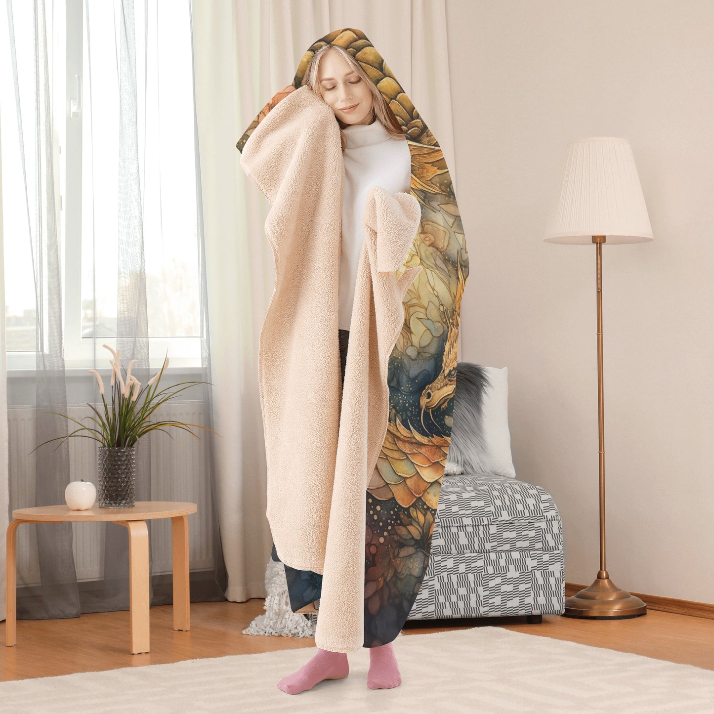 Golden Dragon Hooded Blanket - Micro Fleece Lining Cosy Sherpa Blanket