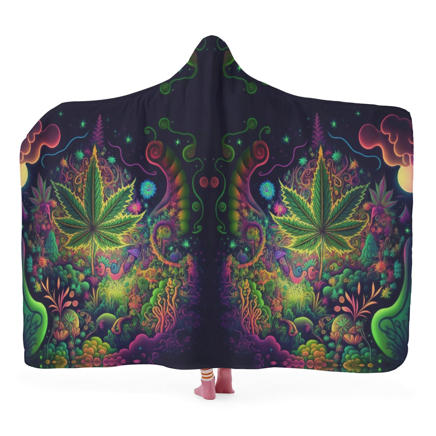 Psychedelic Green Leaf Hooded Blanket - Micro Fleece Lining Cosy Sherpa Blanket