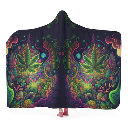 Psychedelic Green Leaf Hooded Blanket - Micro Fleece Lining Cosy Sherpa Blanket