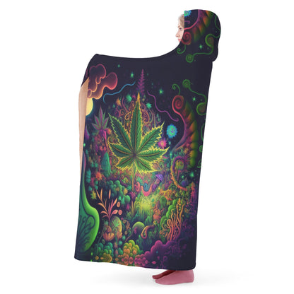Psychedelic Green Leaf Hooded Blanket - Micro Fleece Lining Cosy Sherpa Blanket