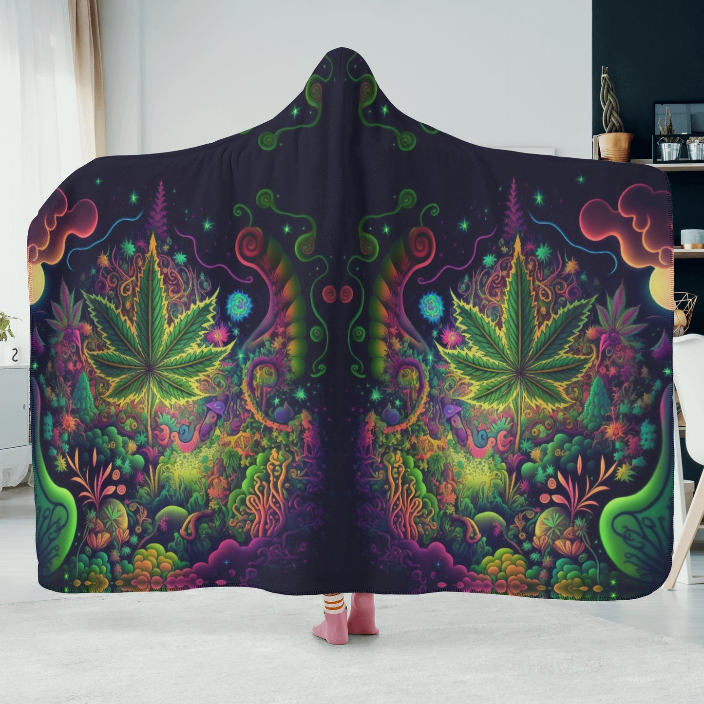 Psychedelic Green Leaf Hooded Blanket - Micro Fleece Lining Cosy Sherpa Blanket