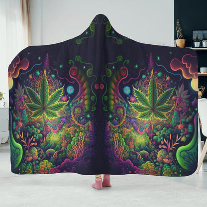 Psychedelic Green Leaf Hooded Blanket - Micro Fleece Lining Cosy Sherpa Blanket