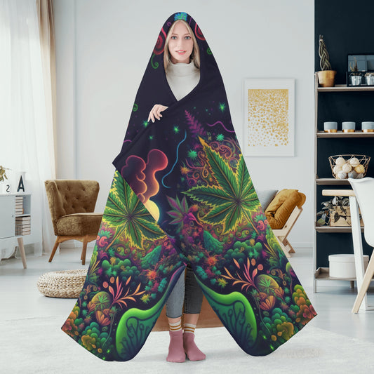 Psychedelic Green Leaf Hooded Blanket - Micro Fleece Lining Cosy Sherpa Blanket