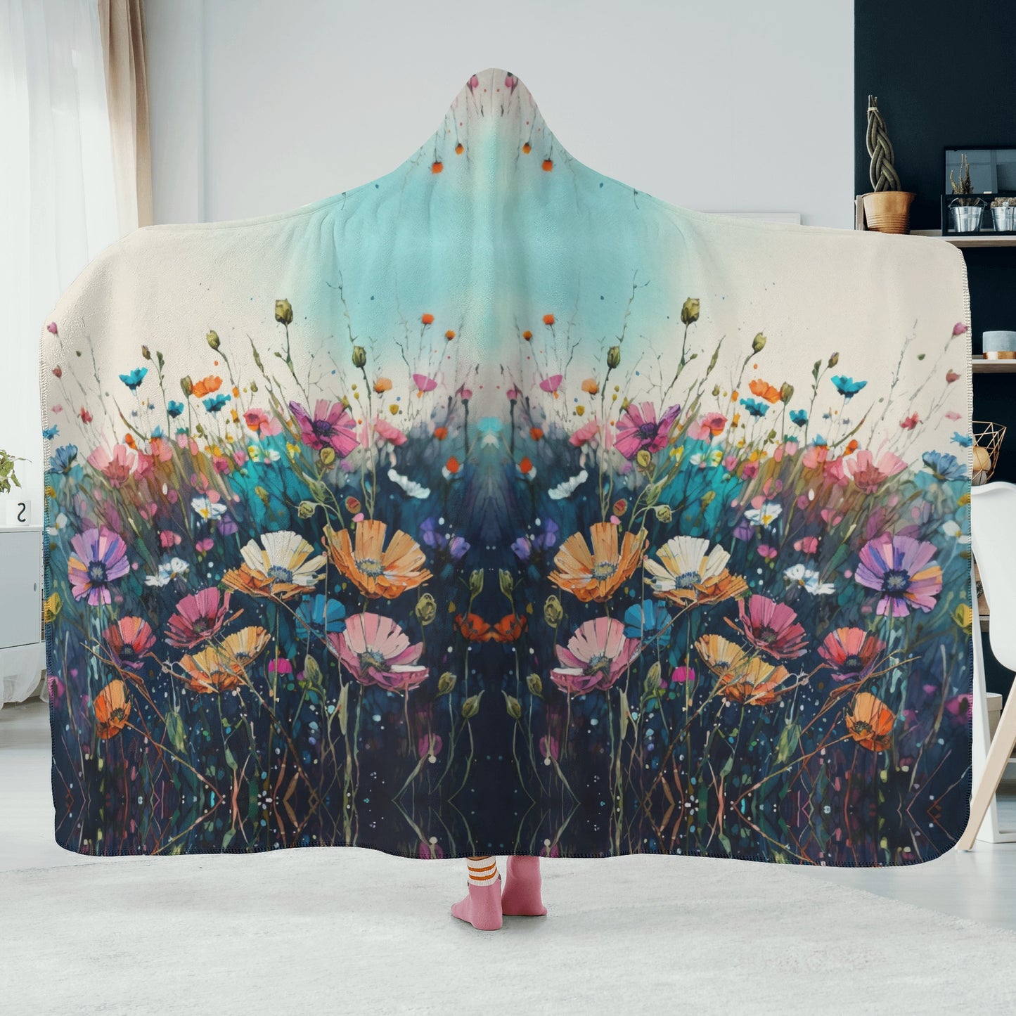 Dark Wild Flower Hooded Blanket - Micro Fleece Lining Cosy Sherpa Blanket