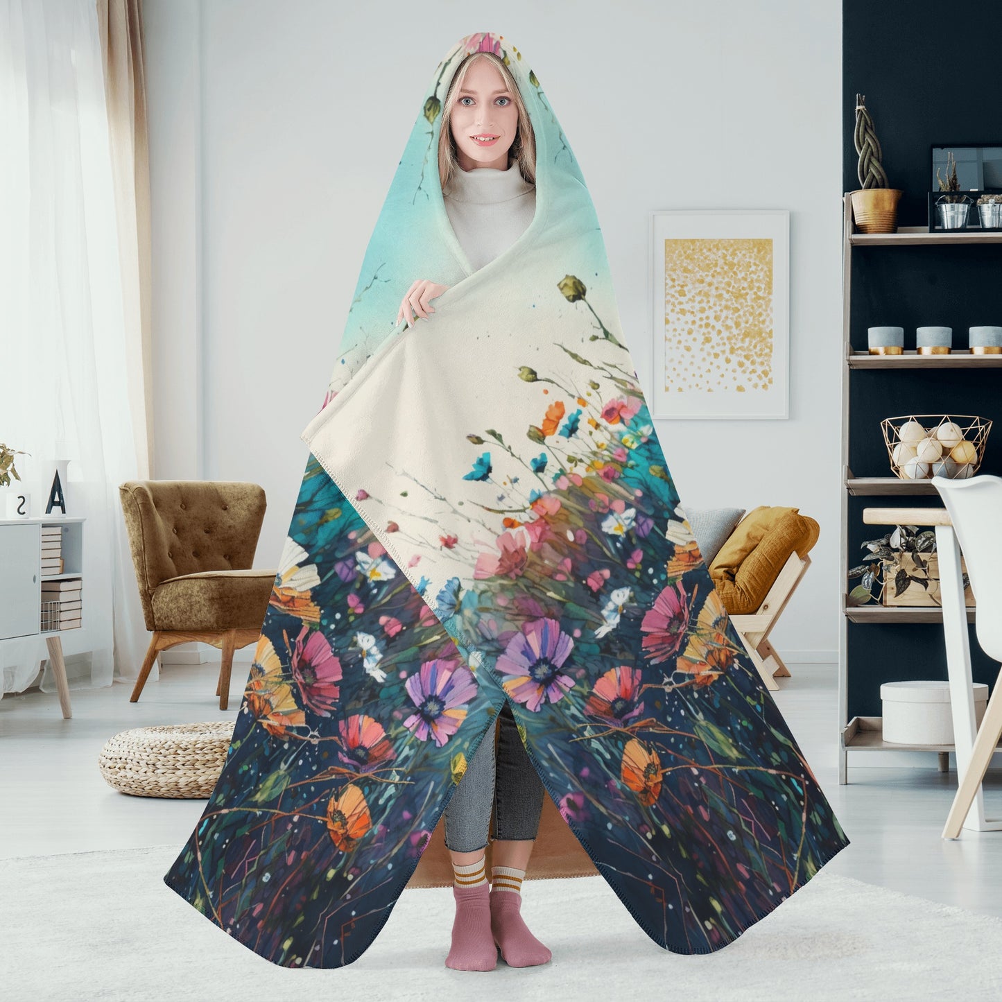 Dark Wild Flower Hooded Blanket - Micro Fleece Lining Cosy Sherpa Blanket
