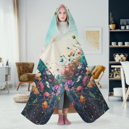 Dark Wild Flower Hooded Blanket - Micro Fleece Lining Cosy Sherpa Blanket