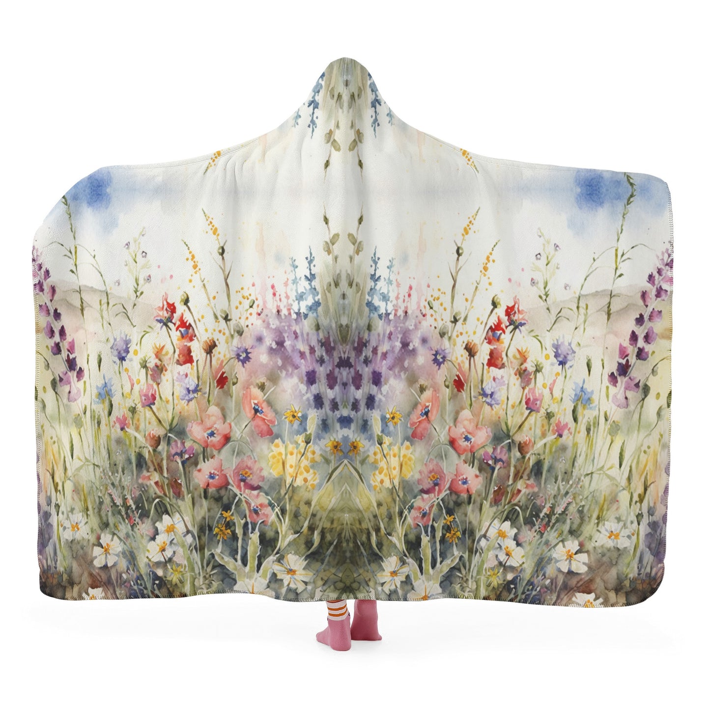 Wild Flower Meadow Hooded Blanket - Micro Fleece Lining Cosy Sherpa Blanket
