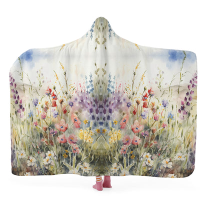 Wild Flower Meadow Hooded Blanket - Micro Fleece Lining Cosy Sherpa Blanket