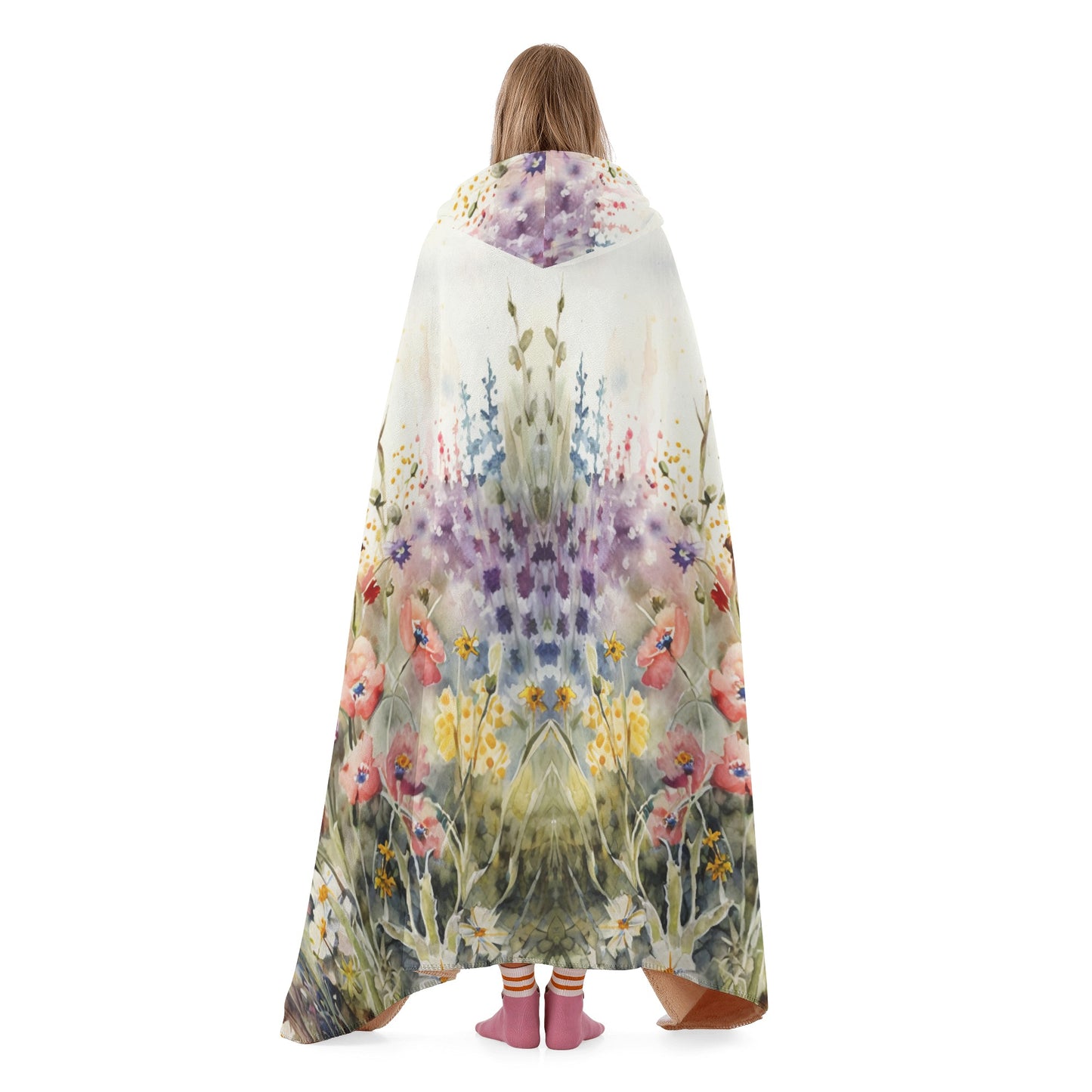 Wild Flower Meadow Hooded Blanket - Micro Fleece Lining Cosy Sherpa Blanket