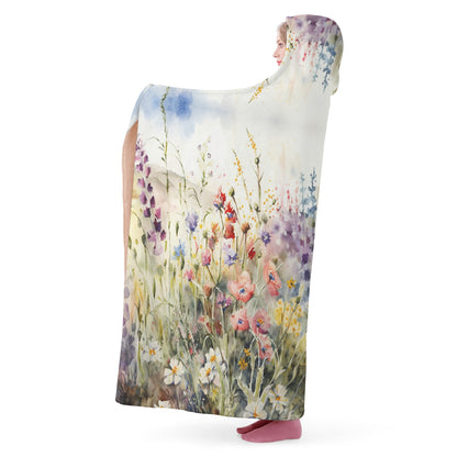 Wild Flower Meadow Hooded Blanket - Micro Fleece Lining Cosy Sherpa Blanket