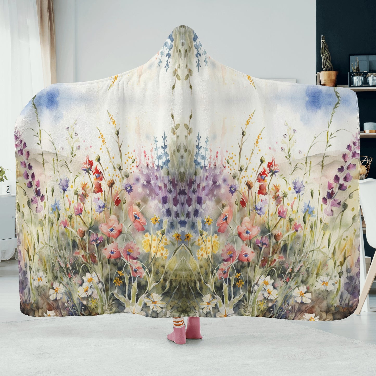 Wild Flower Meadow Hooded Blanket - Micro Fleece Lining Cosy Sherpa Blanket