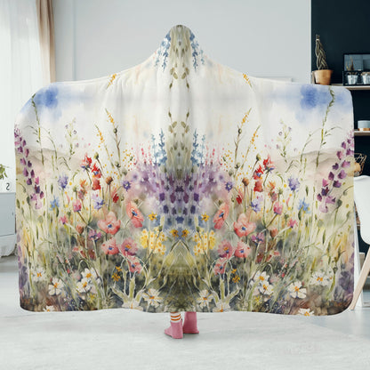 Wild Flower Meadow Hooded Blanket - Micro Fleece Lining Cosy Sherpa Blanket