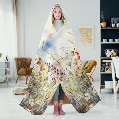 Wild Flower Meadow Hooded Blanket - Micro Fleece Lining Cosy Sherpa Blanket