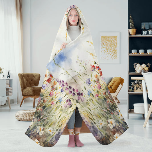 Wild Flower Meadow Hooded Blanket - Micro Fleece Lining Cosy Sherpa Blanket