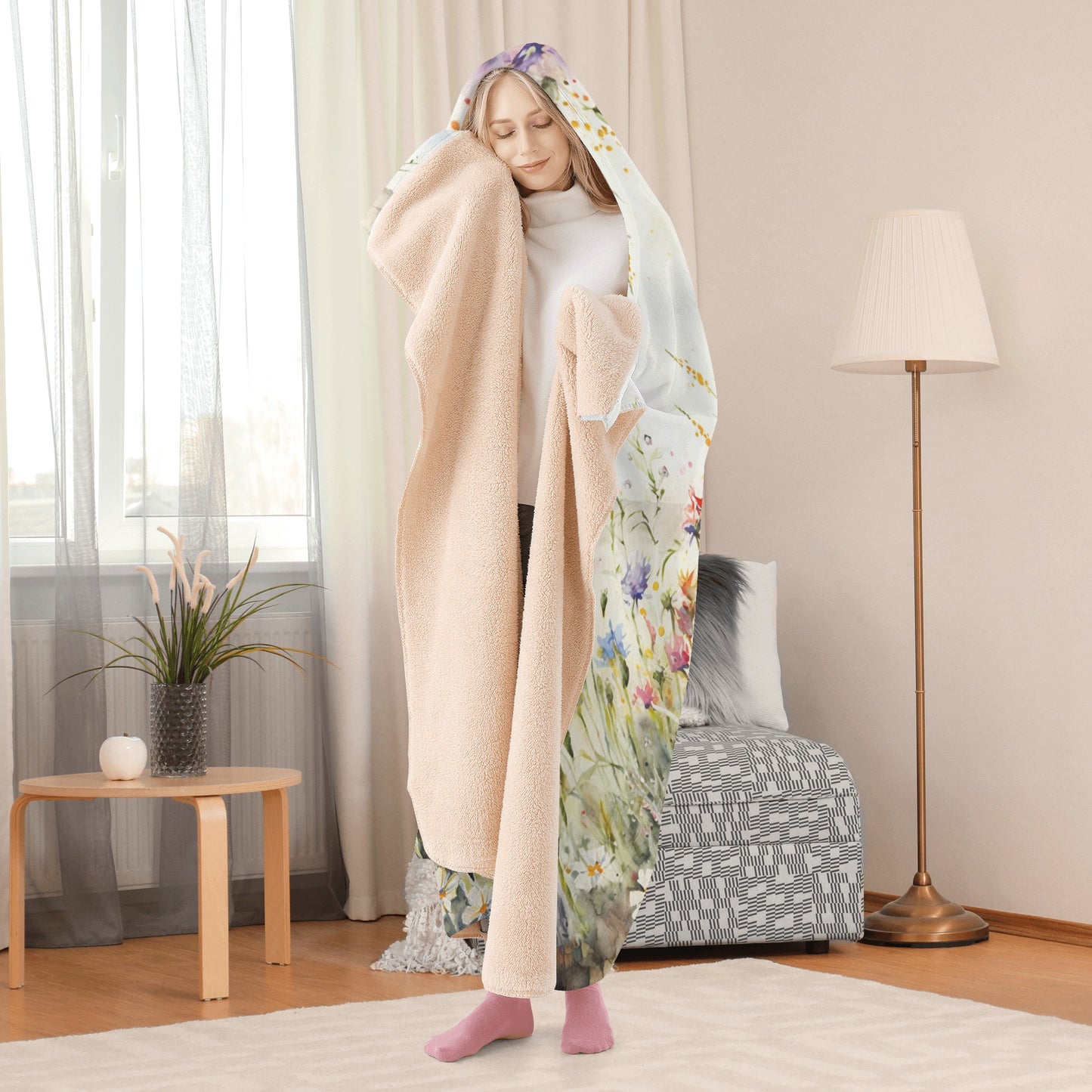 Wild Flower Meadow Hooded Blanket - Micro Fleece Lining Cosy Sherpa Blanket
