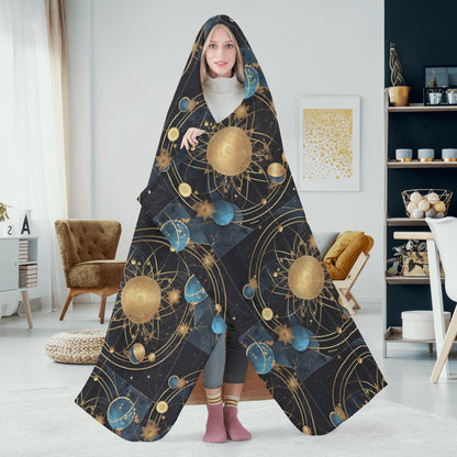 Cosmic Celestial Planets 8 Hooded Blanket - Micro Fleece Lining Cosy Sherpa Blanket