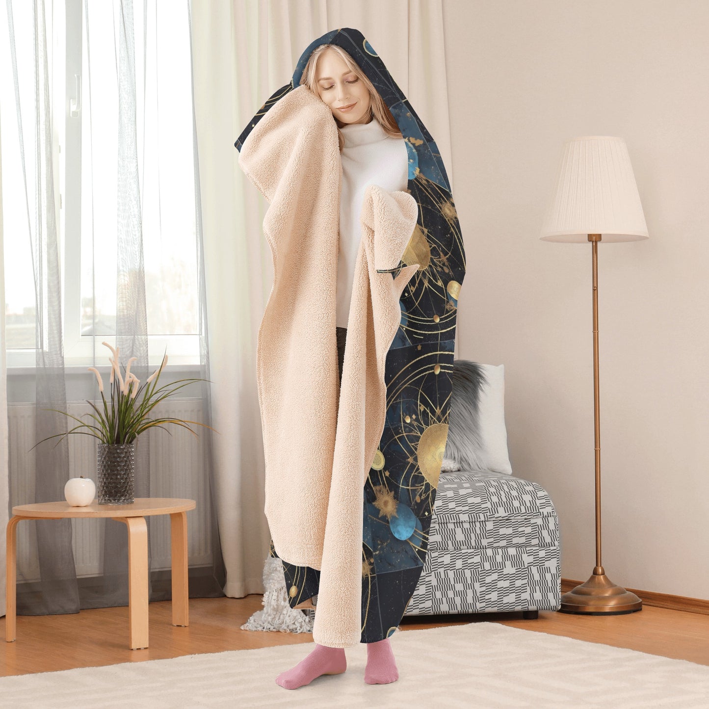 Cosmic Celestial Planets 8 Hooded Blanket - Micro Fleece Lining Cosy Sherpa Blanket