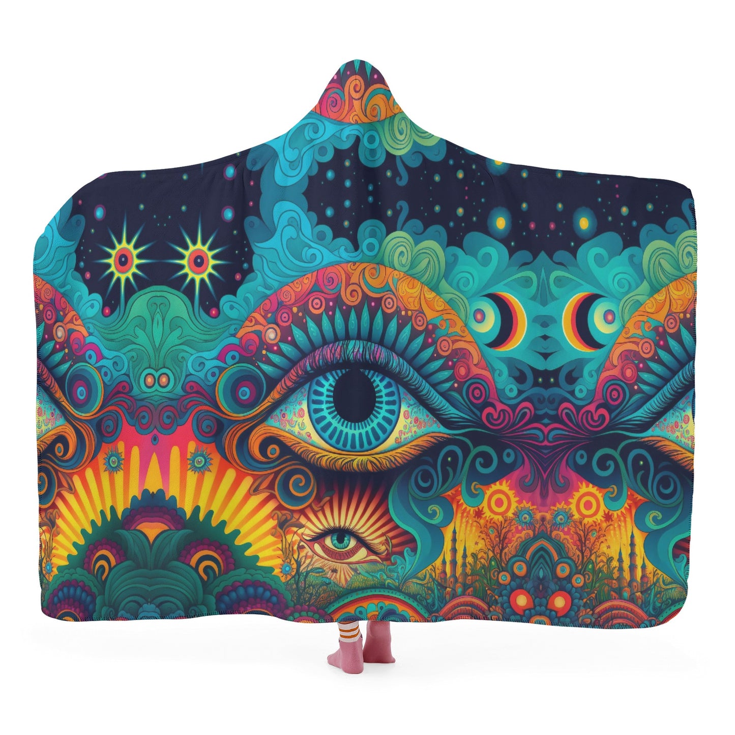 Psychedelic Eye Hooded Blanket - Micro Fleece Lining Cosy Sherpa Blanket
