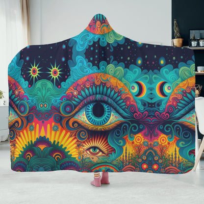 Psychedelic Eye Hooded Blanket - Micro Fleece Lining Cosy Sherpa Blanket