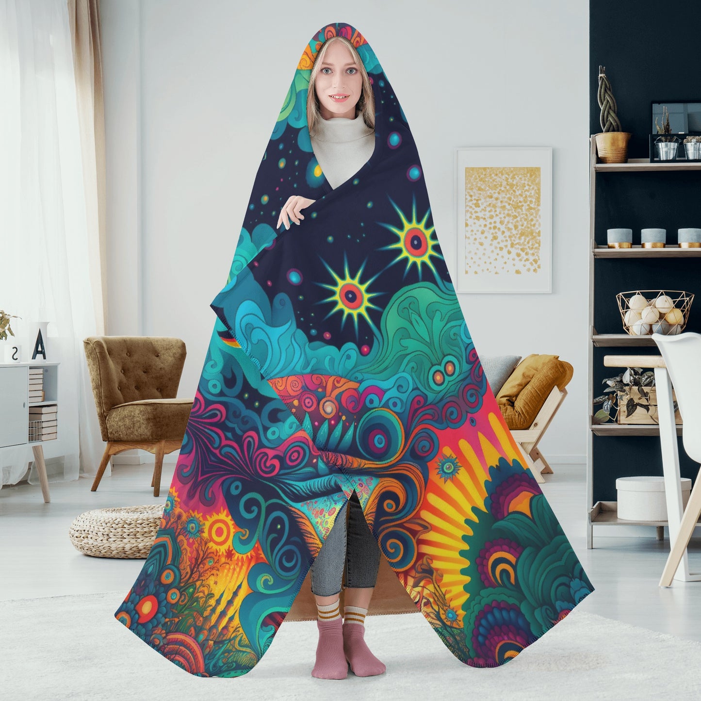 Psychedelic Eye Hooded Blanket - Micro Fleece Lining Cosy Sherpa Blanket