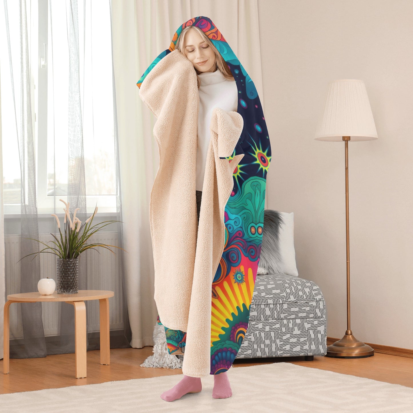 Psychedelic Eye Hooded Blanket - Micro Fleece Lining Cosy Sherpa Blanket