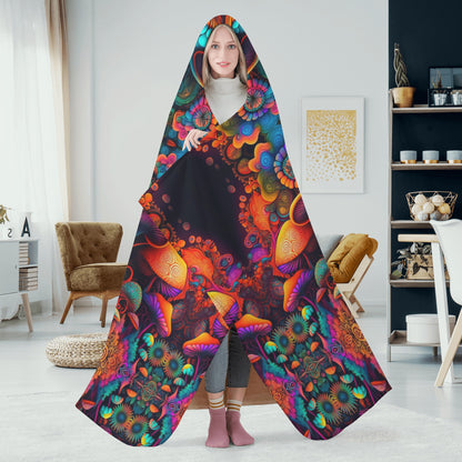 Psychedelic Mushrooms Hooded Blanket - Micro Fleece Lining Cosy Sherpa Blanket