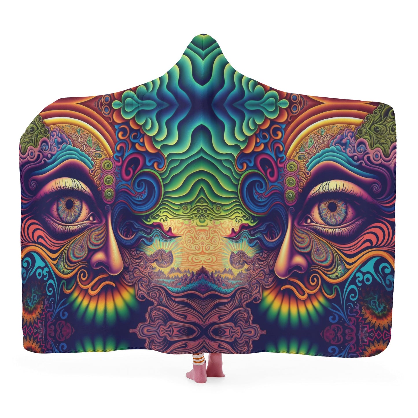 Psychedelic Face Hooded Blanket - Micro Fleece Lining Cosy Sherpa Blanket