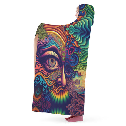 Psychedelic Face Hooded Blanket - Micro Fleece Lining Cosy Sherpa Blanket