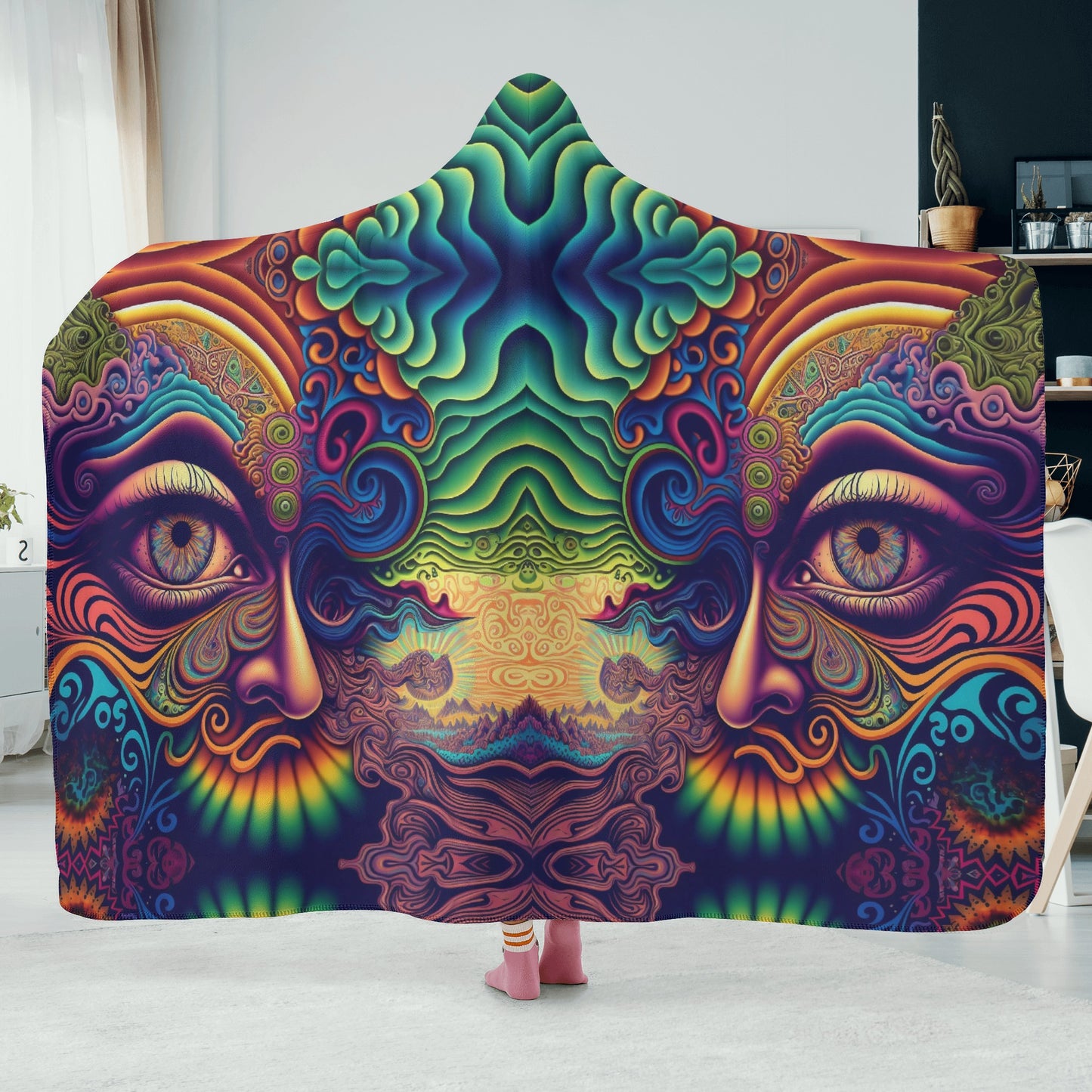 Psychedelic Face Hooded Blanket - Micro Fleece Lining Cosy Sherpa Blanket