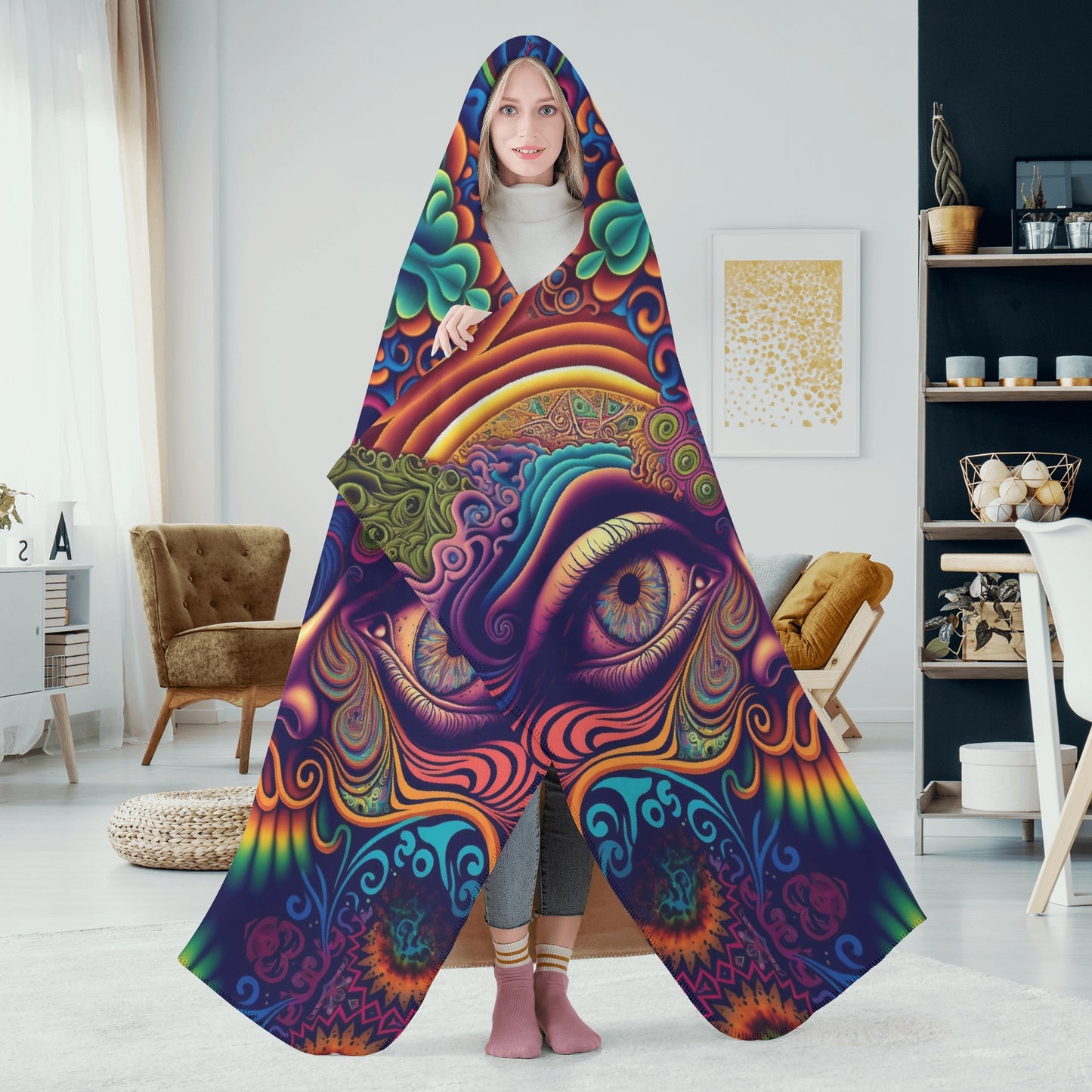 Psychedelic Face Hooded Blanket - Micro Fleece Lining Cosy Sherpa Blanket
