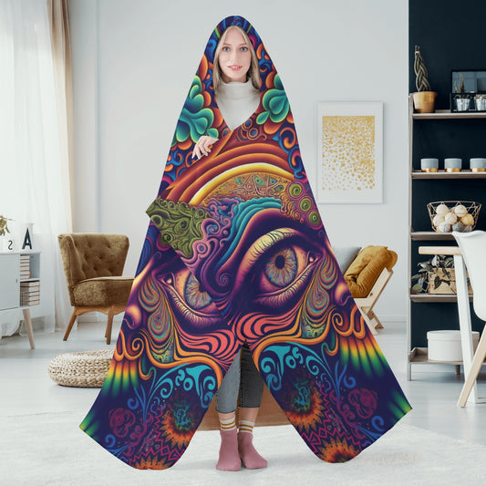 Psychedelic Face Hooded Blanket - Micro Fleece Lining Cosy Sherpa Blanket