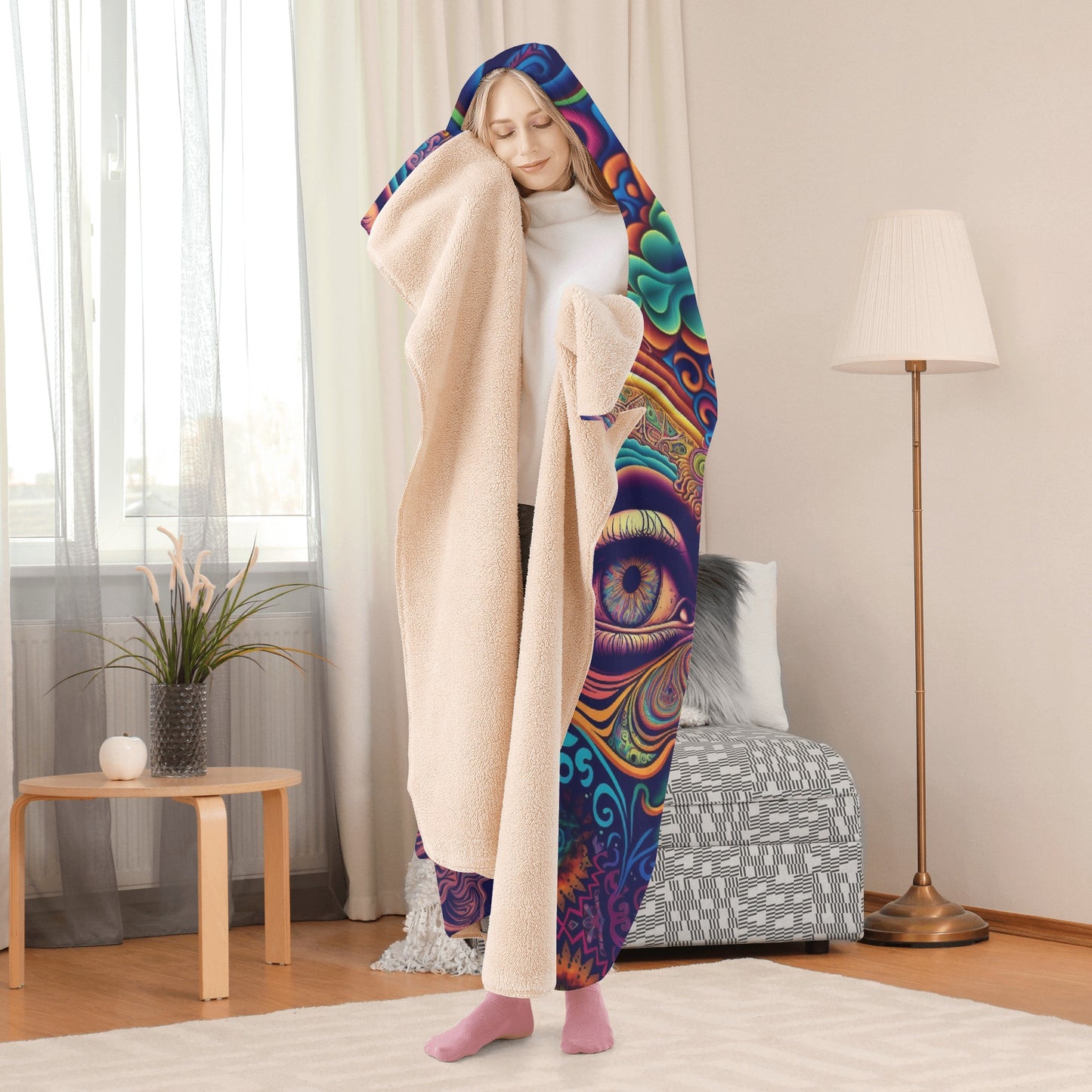 Psychedelic Face Hooded Blanket - Micro Fleece Lining Cosy Sherpa Blanket