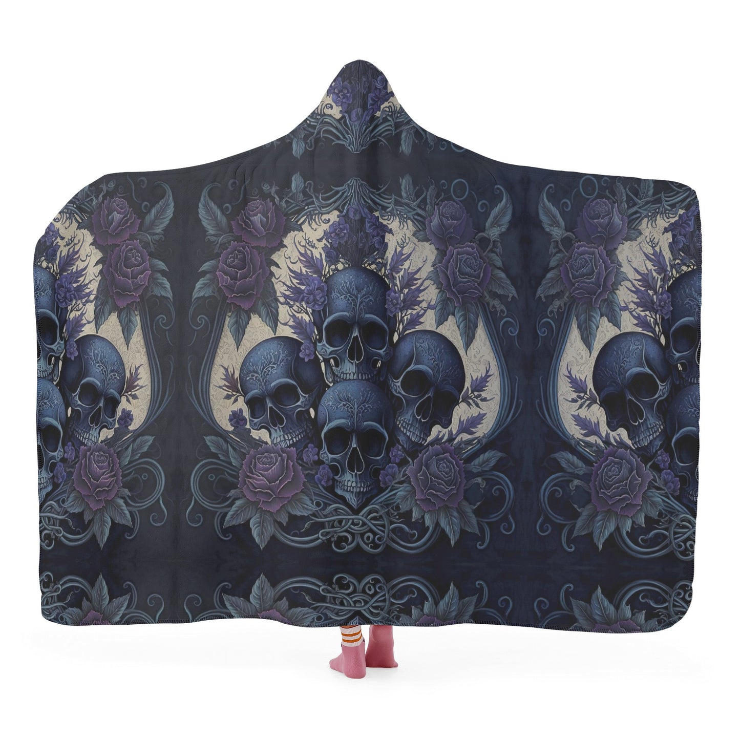 Blue Skulls Hooded Blanket - Micro Fleece Lining Cosy Sherpa Blanket