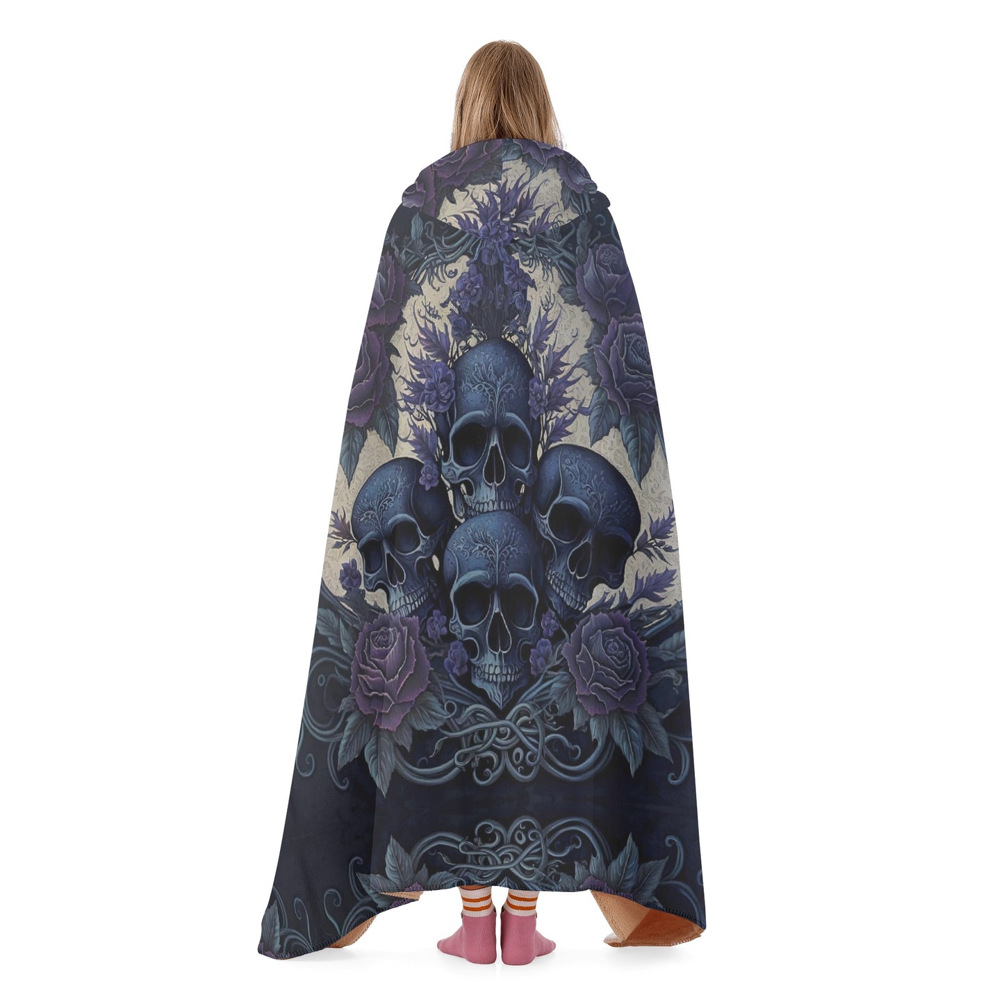 Blue Skulls Hooded Blanket - Micro Fleece Lining Cosy Sherpa Blanket