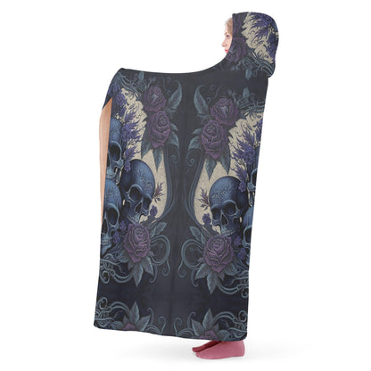 Blue Skulls Hooded Blanket - Micro Fleece Lining Cosy Sherpa Blanket