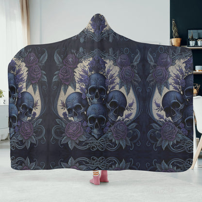 Blue Skulls Hooded Blanket - Micro Fleece Lining Cosy Sherpa Blanket