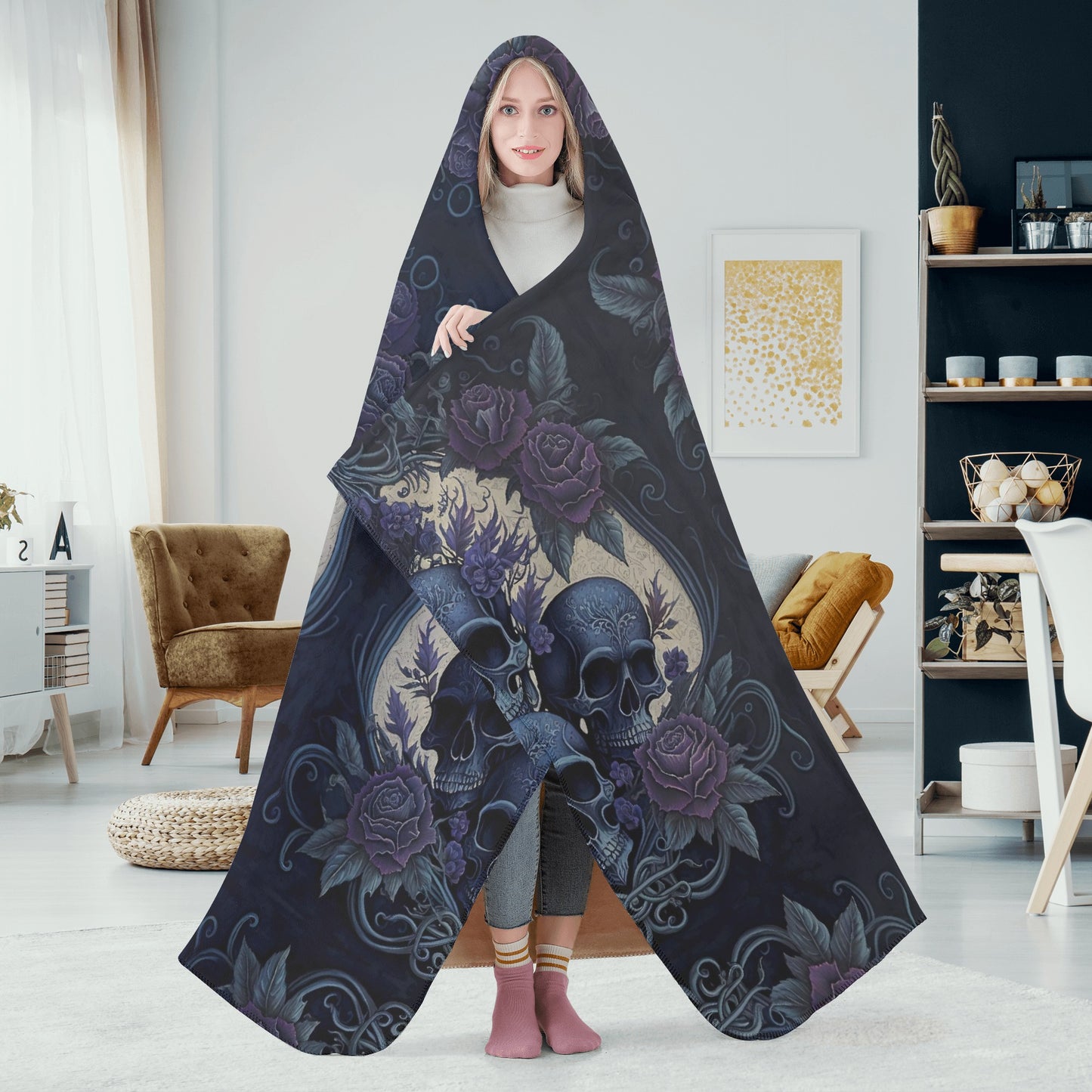 Blue Skulls Hooded Blanket - Micro Fleece Lining Cosy Sherpa Blanket