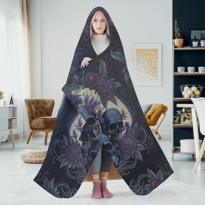 Blue Skulls Hooded Blanket - Micro Fleece Lining Cosy Sherpa Blanket