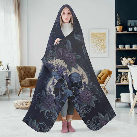 Blue Skulls Hooded Blanket - Micro Fleece Lining Cosy Sherpa Blanket