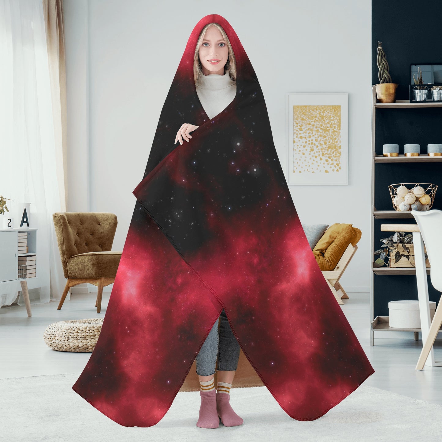 Red Mars Galaxy Hooded Blanket - Micro Fleece Lining Cosy Sherpa Blanket